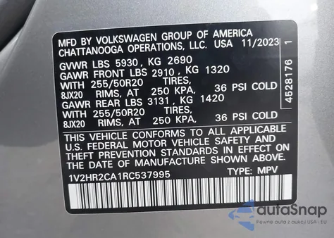 2024 Volkswagen Atlas 2.0T Se W/Technology from USA, damaged, VIN 1V2HR2CA1RC537995